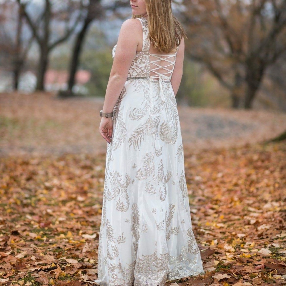 white and gold prom dress